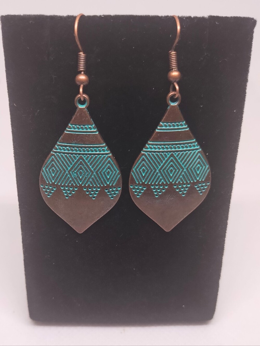 Geometric Teardrop Copper Earrings with Turquoise Accents Women's Jewelry G24